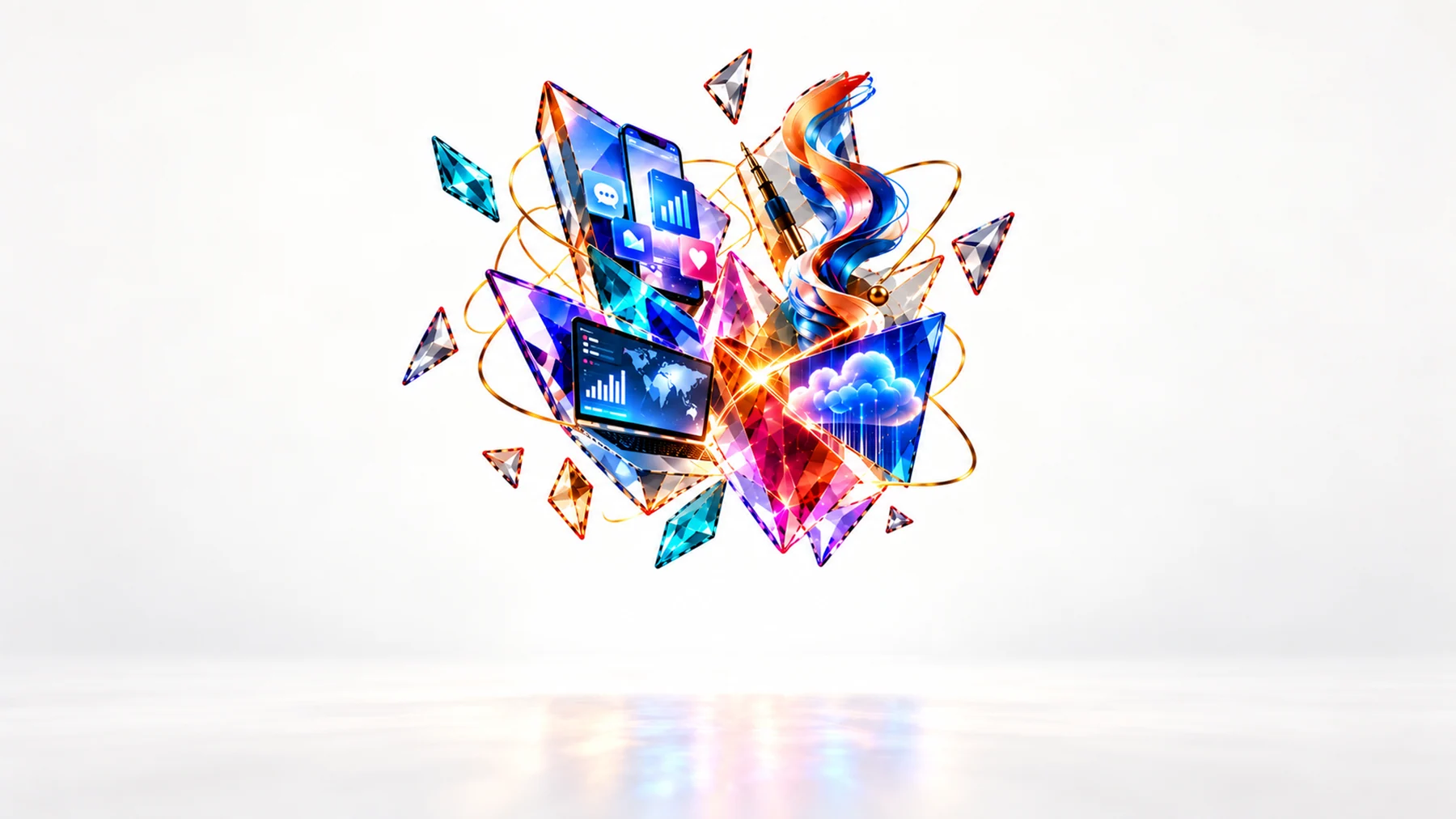 AMCO key visual: fragments bound together by gold orbital rings.