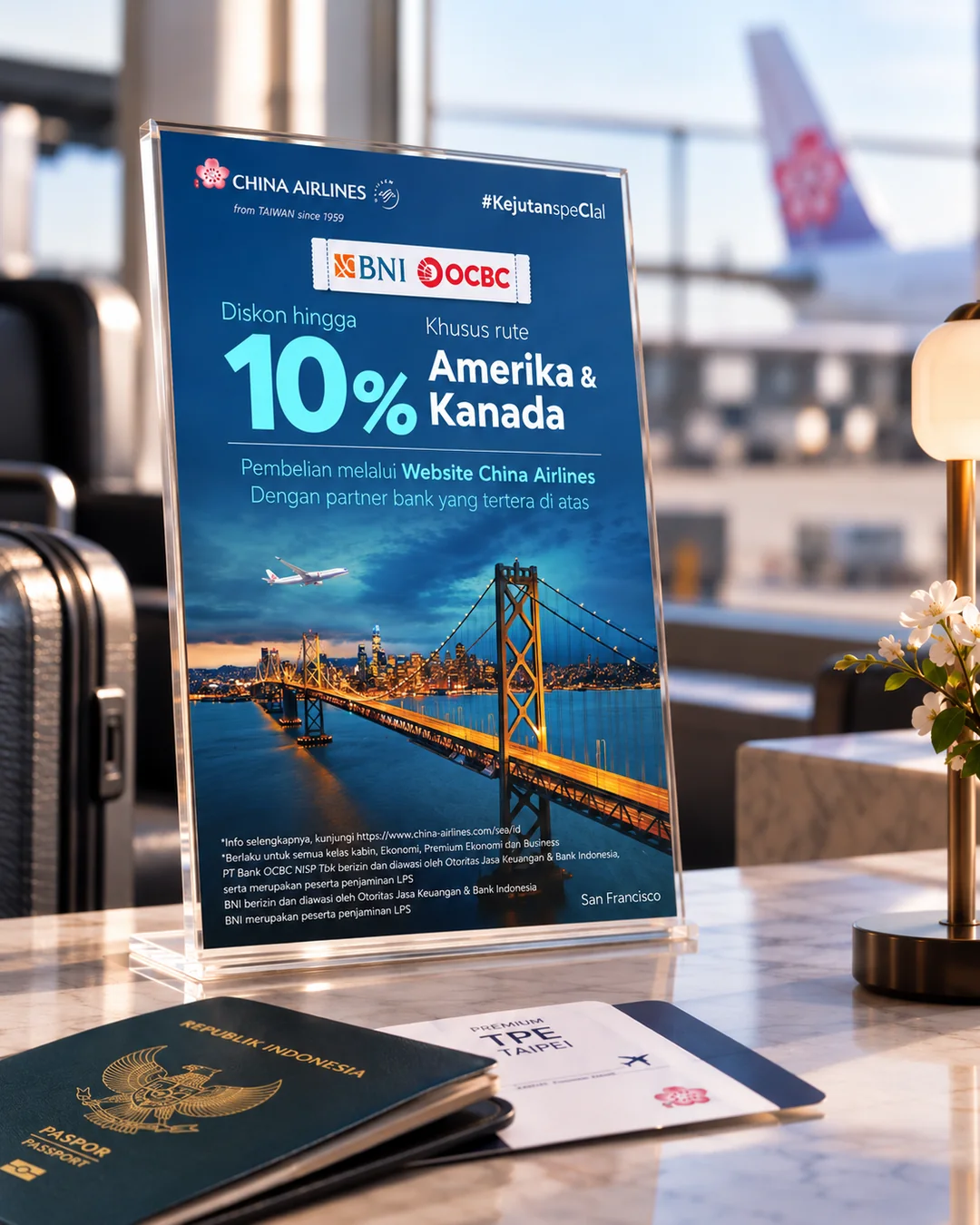 An airport lounge table card for the China Airlines BNI and OCBC promotion &mdash; up to 10% off America and Canada routes.