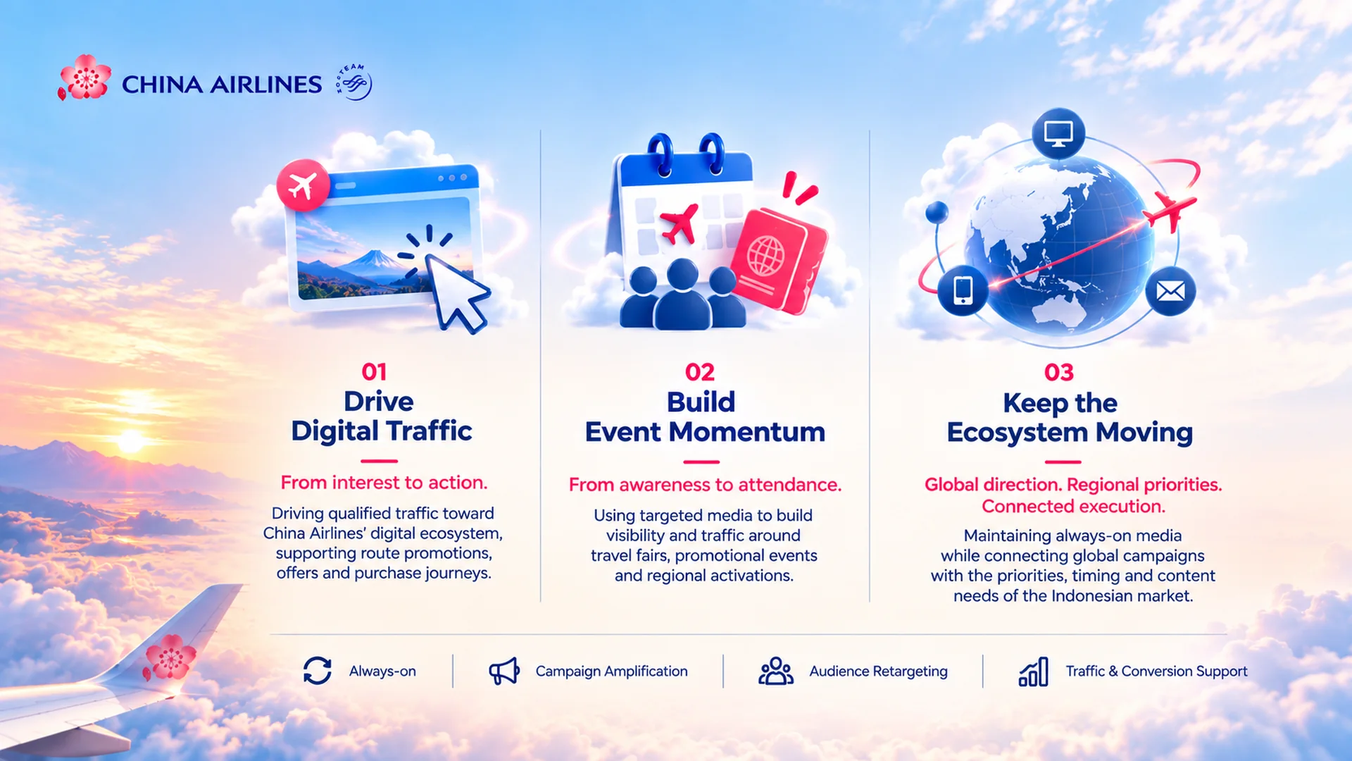 China Airlines performance media board: drive digital traffic, build event momentum and keep the ecosystem moving, with always-on, campaign amplification, audience retargeting and traffic and conversion support.