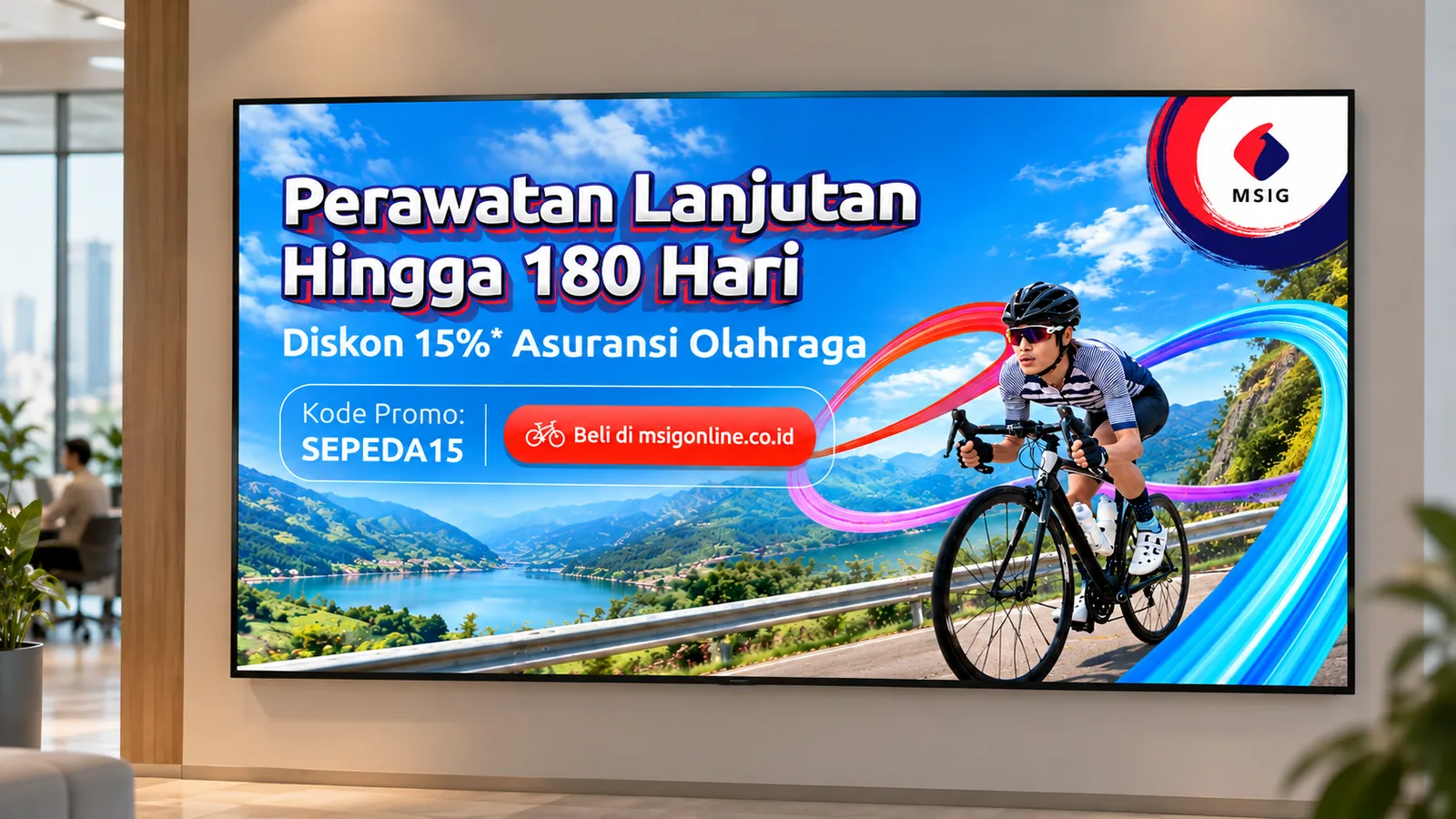 The MSIG cycling campaign on a large office display, recomposed for a wide screen: the headline and promo block on the left, the cyclist on the right.