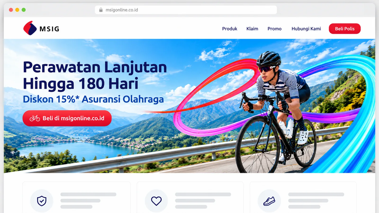The same campaign on the msigonline.co.id home page: site header, a wide hero banner, and product cards below.