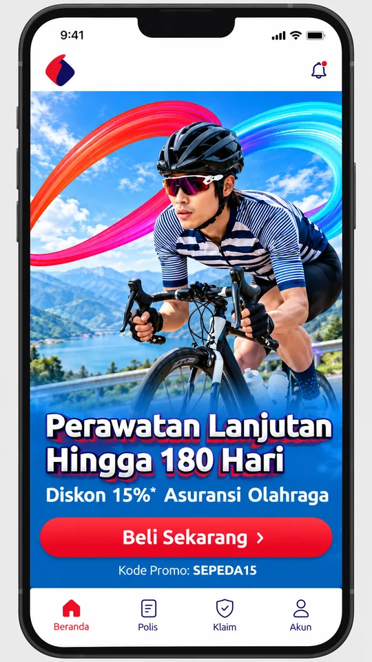The campaign rebuilt for a tall in-app placement: the cyclist cropped close at the top, the message stacked below a full-width button.