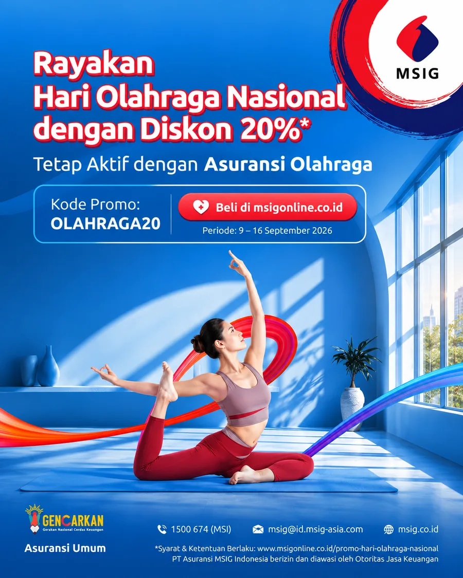 MSIG Hari Olahraga Nasional key visual: a woman holding a yoga pose in a blue-lit room, with a 20% discount headline and the OLAHRAGA20 promo code.