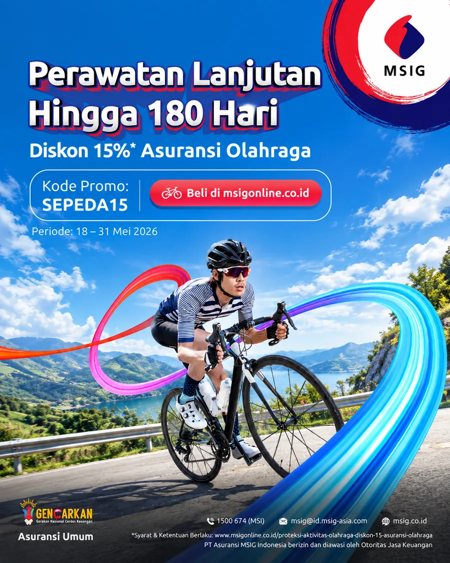 MSIG sports insurance key visual: a road cyclist on a mountain highway, with the SEPEDA15 promo code.