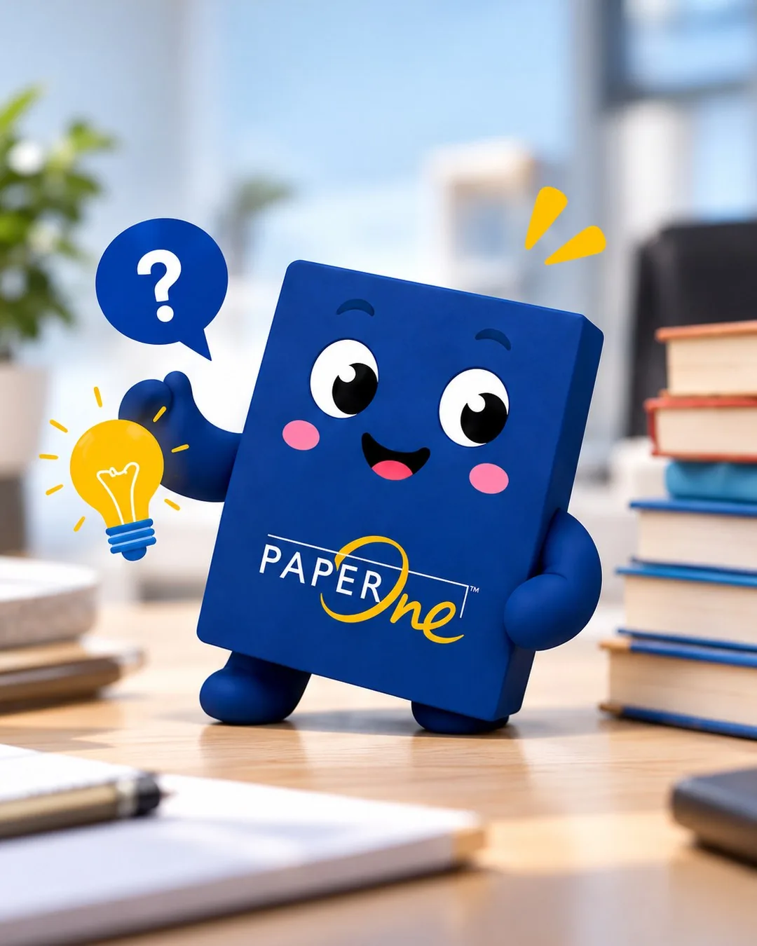 The PaperOne character holding a lightbulb beside a stack of books.