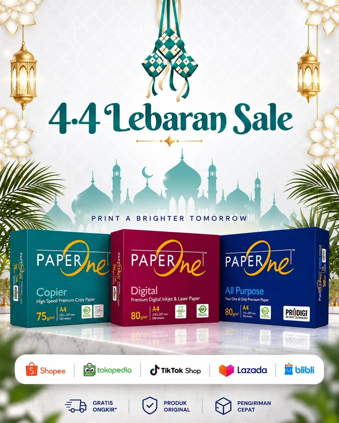 A marketplace promotion banner showing the PaperOne range across Shopee, Tokopedia, TikTok Shop, Lazada and Blibli.