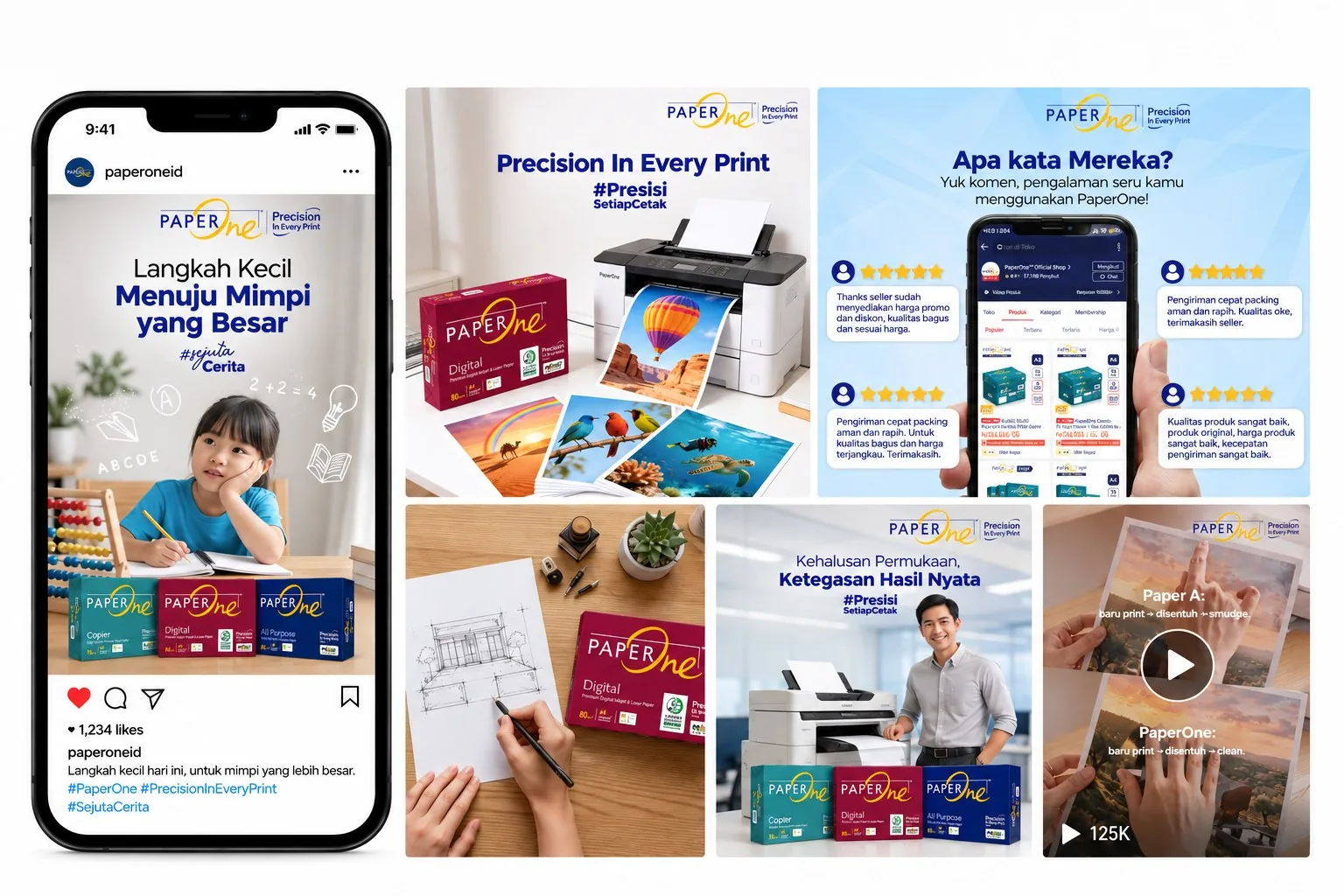 PaperOne&rsquo;s Instagram feed on a phone beside campaign creatives: a printer test print, marketplace reviews, a sketch on paper, an in-office demo, and a print-smudge comparison video.