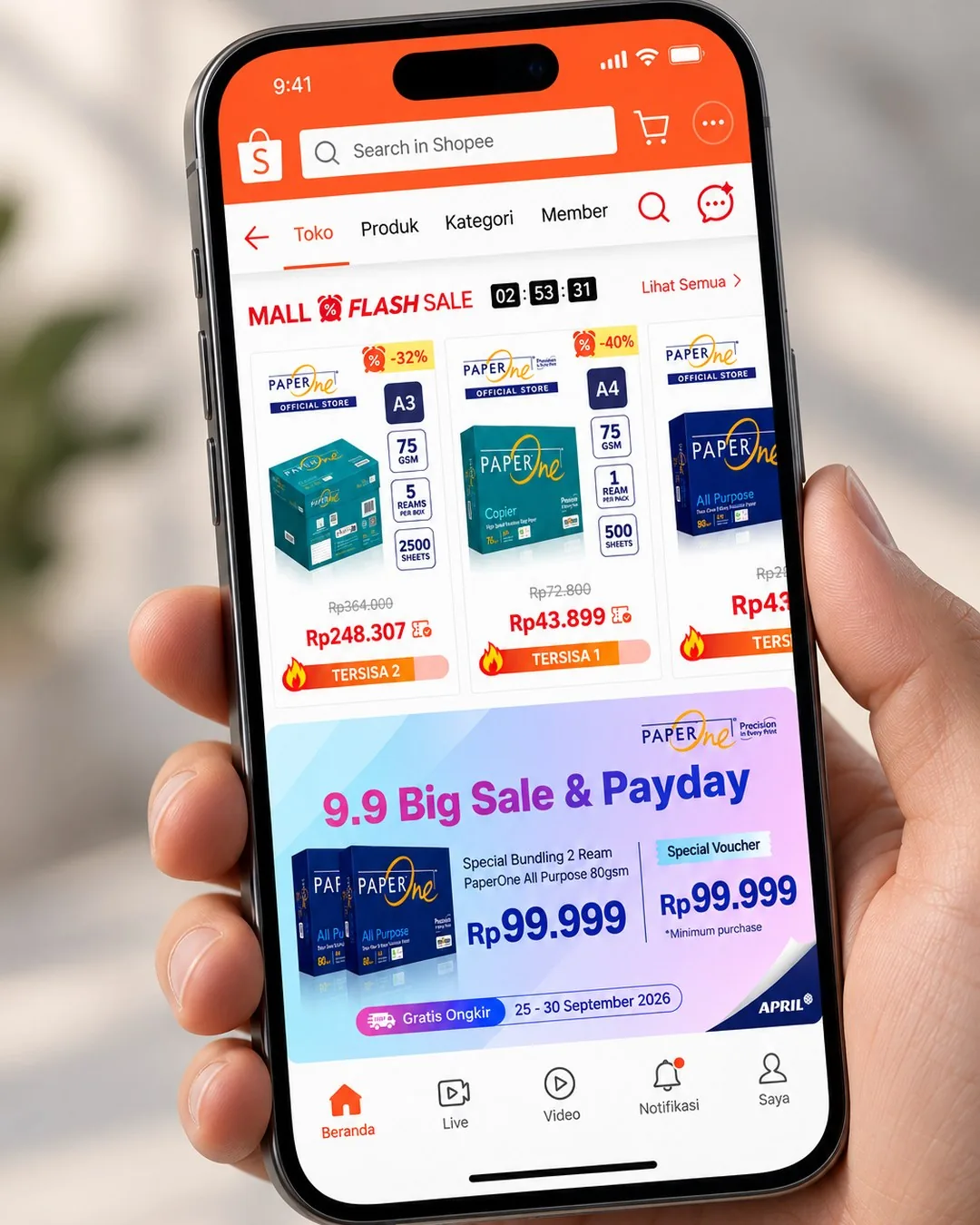 The PaperOne official store on Shopee, showing a Mall Flash Sale row of Copier and All Purpose reams and a 9.9 Big Sale bundling banner.