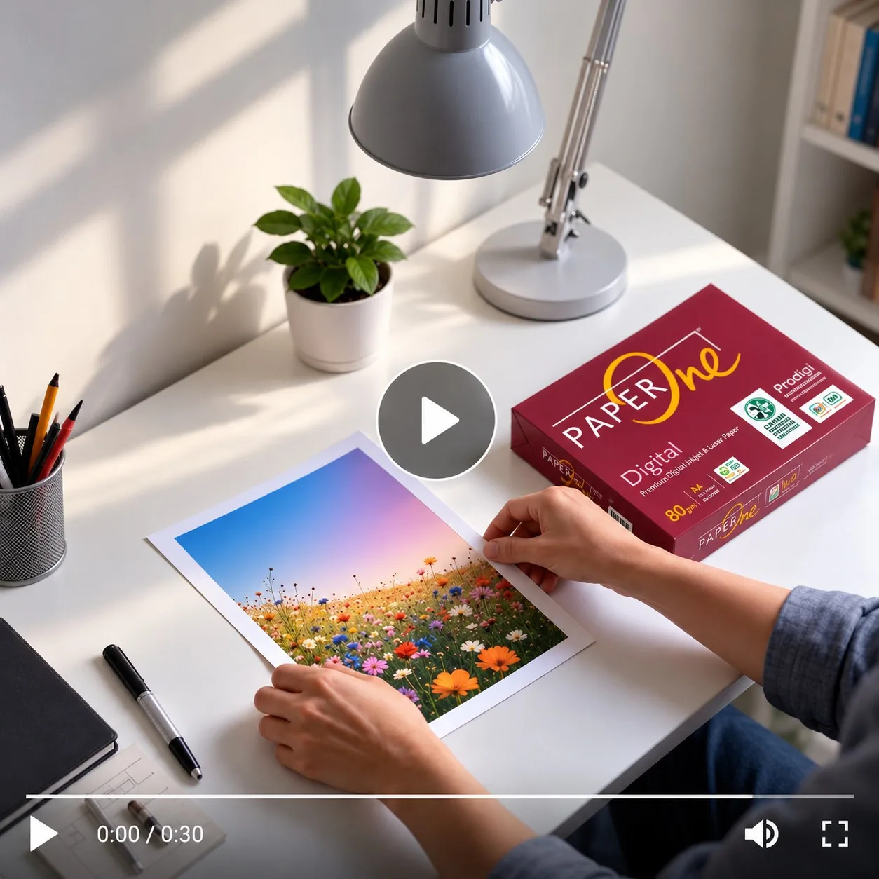 A video still: hands lifting a freshly printed photograph of a wildflower meadow from a desk, with a PaperOne Digital ream beside it.