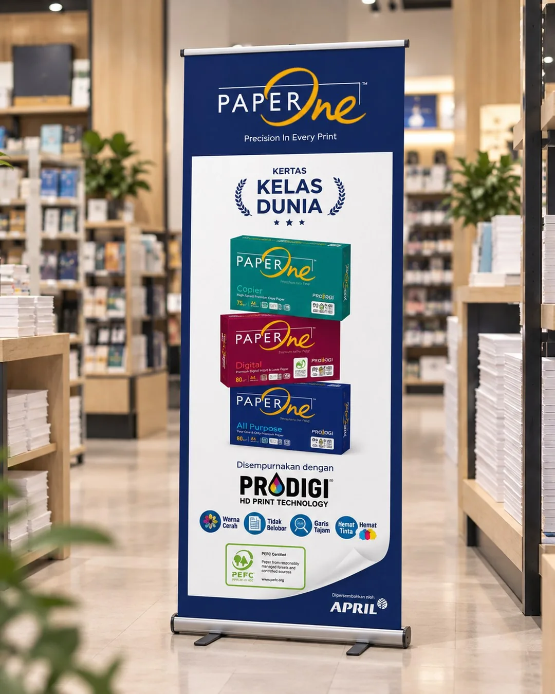 A PaperOne roll-up banner in a stationery store showing the Copier, Digital and All Purpose reams under the headline Kertas Kelas Dunia.