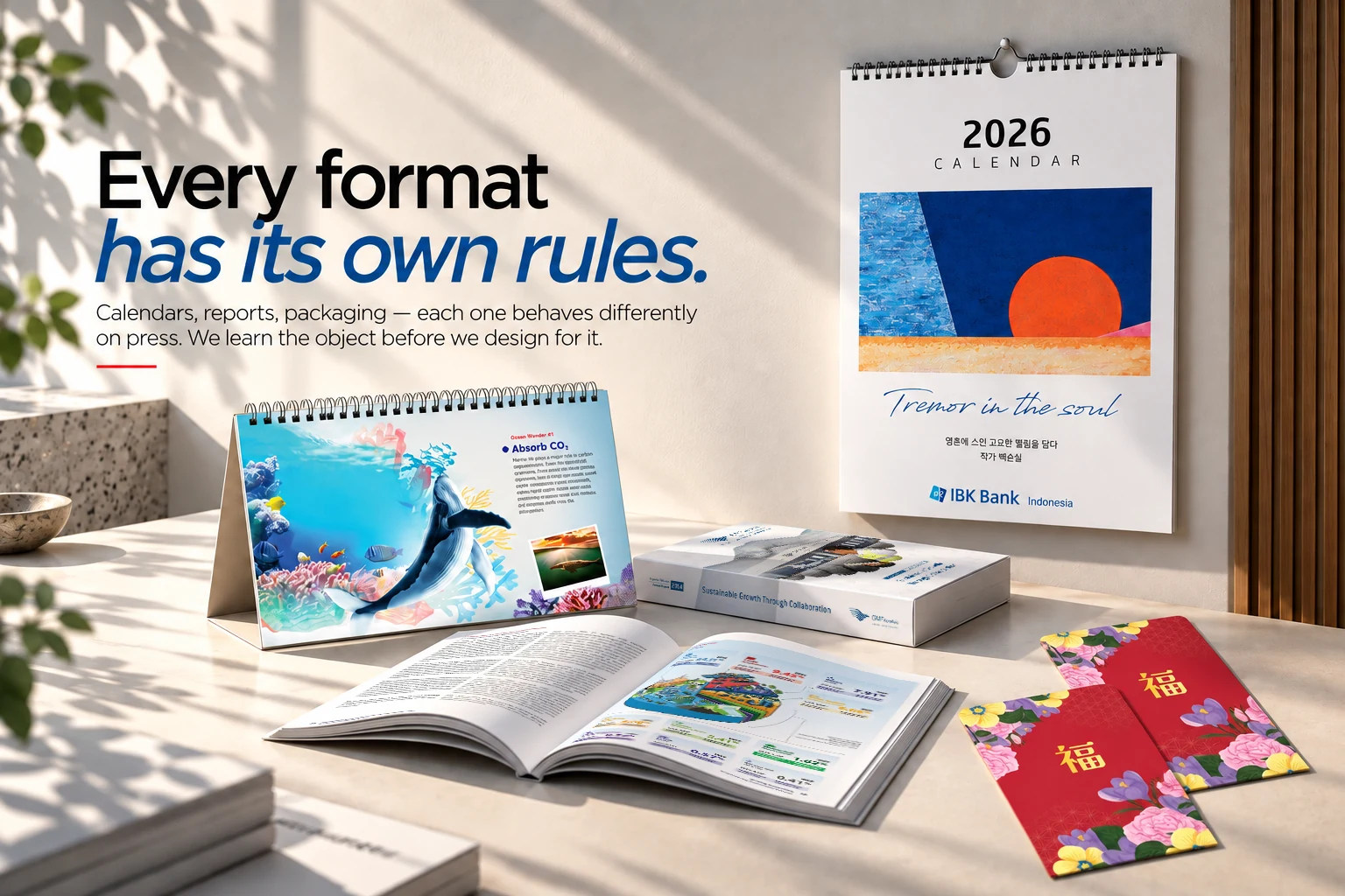 Every format has its own rules. Calendars, reports, packaging — each one behaves differently on press. We learn the object before we design for it. A wall calendar, desk calendar, annual report, open report spread and festive envelopes arranged on a sunlit desk.