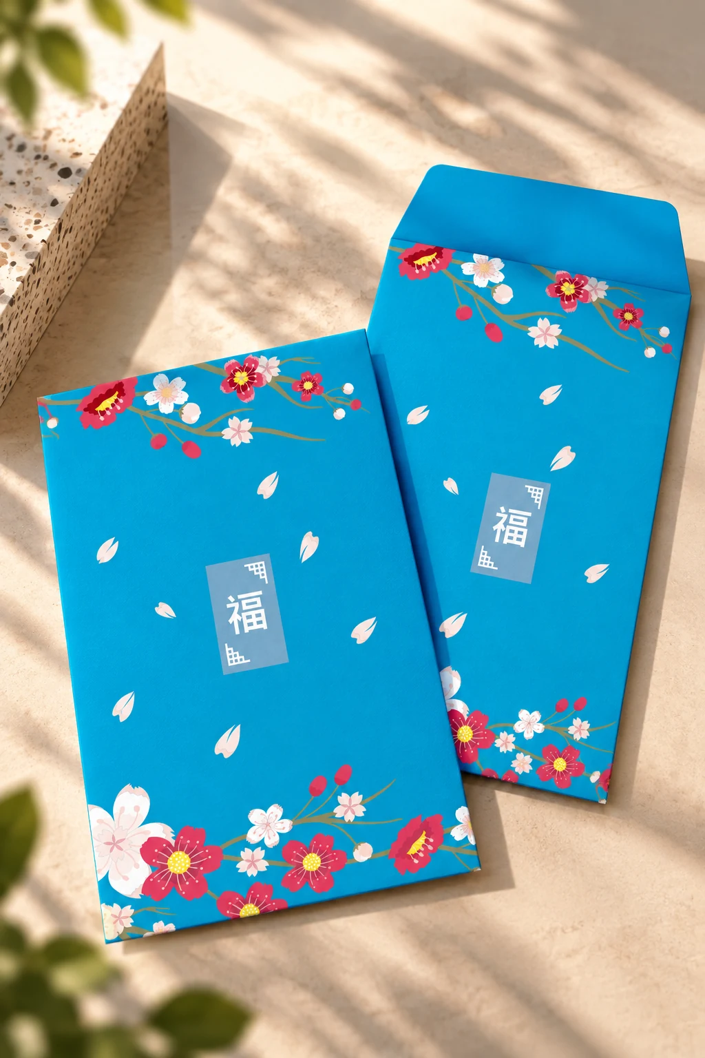 Two blue festive envelopes on a sunlit surface, printed with plum blossom branches and a fu character panel.
