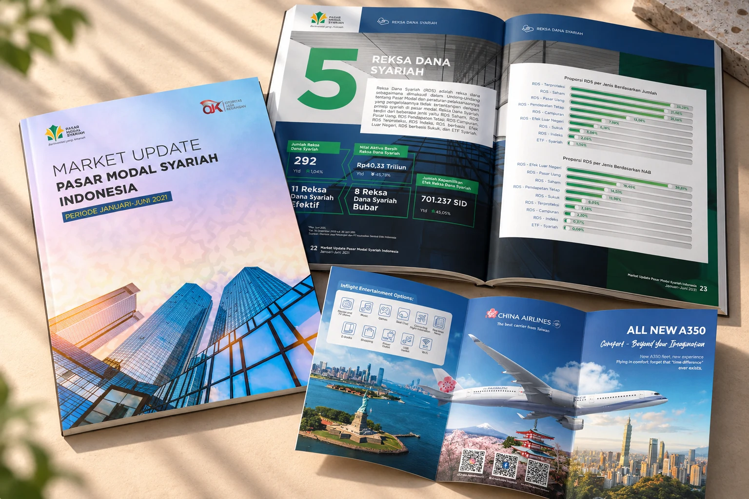 A market update booklet shown closed and opened to an infographic spread, beside a folded airline leaflet.
